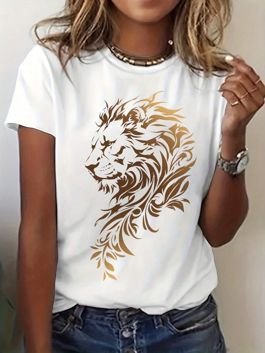 Camiseta con impresión gráfica estética de león, cuello de tripulación de manga corta Top casual para verano y primavera, ropa de mujer