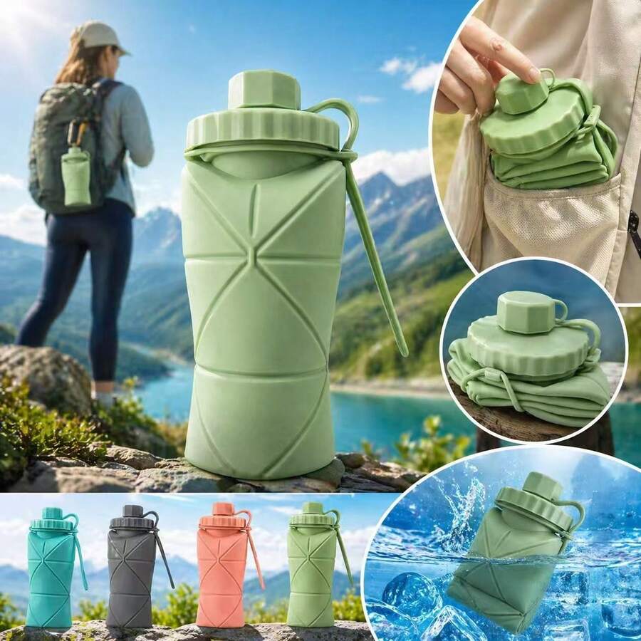 600毫升可折叠硅胶水瓶，防漏可折叠旅行杯，带盖，宽口设计，可拆卸吸嘴和挂环，便携式可重复使用运动水瓶，适用于徒步、露营、健身、旅行和户外活动饮水。