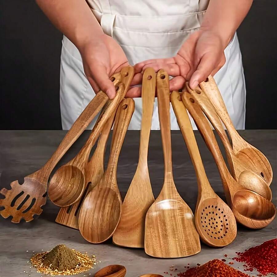 COOKDEVI 10件/1件 天然柚木烹飪餐具,人體工學手柄,不滲透表面,精美廚房禮品 - 耐用且易於清潔,天然柚木紋理,適合日常和特殊場合,廚房用品,耐熱餐具 - 咖啡棕 - 查看 1