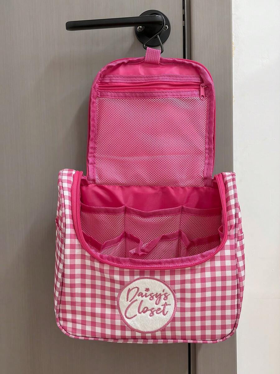 Bolsa de cosméticos grande de capacidad con bordado a cuadros rosas y blancos, organizador de artículos de tocador para viajes - Multicolor - Ver 1