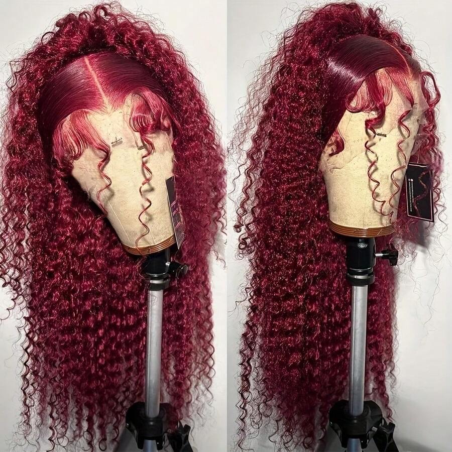 13x4 99J Burgundy Deep Wave Lace Front Wigs Human Hair 250% Density Transparent Lace Frontal Wigs Curly Wigs For Women Red Deep Wigs Pre Plucked With Baby Hair 99j Lace Front Human Hair Wigs - S99J - 查看 1