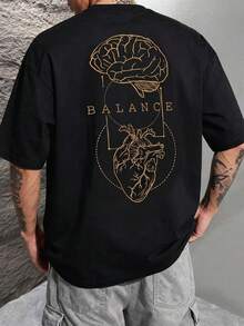 Fractyr 男士街头风圆领T恤 “BALANCE” 脑心解剖线条艺术印花，宽松休闲短袖上衣 - 黑色 - 查看 1