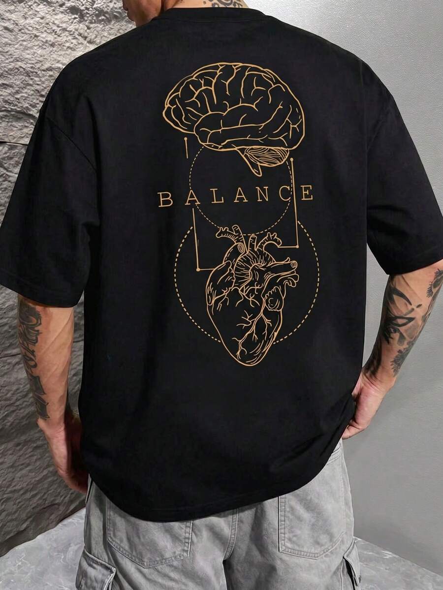 Fractyr 男士街头风圆领T恤 “BALANCE” 脑心解剖线条艺术印花，宽松休闲短袖上衣 - 黑色 - 查看 1
