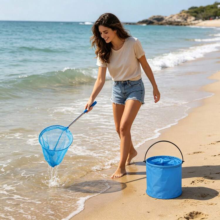 2pcs Outdoor Fishing Set, Includes 1 Portable Foldable Bucket And 1 Retractable Fish Landing Net, Random Color, Suitable For Beach, Fishing, Etc. - One Foldable Bucket + One Retractable Small Net (random Color) - View 4