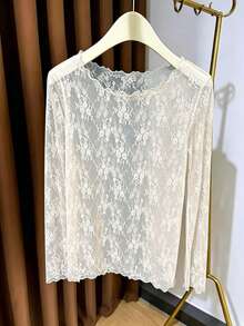 Top de capa base de encaje transparente con cuello grande para mujer, top de malla de manga larga ligero y transparente casual - Albaricoque - Ver 2