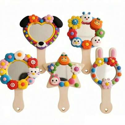 3pcs/Pack Boxwood Animal Acrylic Mirror, Children's Makeup Mirror, Dressing Mirror, Kids Party Birthday Gathering DIY Wooden Painting Mirror Set