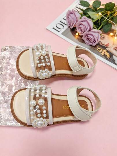 Kids Fashion Sandals, Girls Flat Sandals, Made Of Transparent PU Leather, Decorated With Elegant Pearls. Summer Princess Shoes, Perfect For Shopping, Vacation And Travelling.