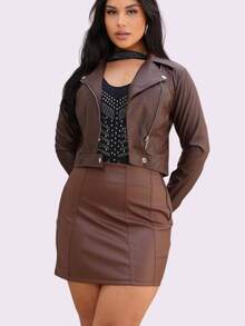 Women's Luxury Faux Leather Biker Jacket With Zipper - Cokelat 02 - View 2
