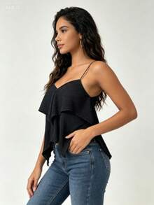 Thin Strappy Top With Pleats And Irregular Hem - 黑色 - 查看 2