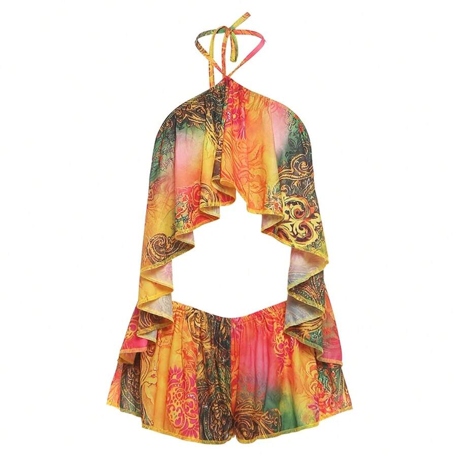 Conjunto de 2 Piezas Kliou con Estampado Colorido para Mujer, Top Halter con Volantes y Espalda Descubierta, Pantalones Cortos con Cintura Elástica, Estilo Playero - Amarillo - Ver 1