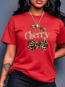 Women's Casual T-Shirt - Leopard And Cherry Design In Bright Orange, Everyday Top, Soft Polyester Fabric, Machine Washable, Suitable For Daily Wear And Parties, Weekend Style, Fun Design, Comfortable Fit, Short Sleeve, Must-Have For Fashion Enthusiasts, Loose And Comfortable Summer-Vintage Style, Unisex Cotton T-Shirt With Round Neck And Short Sleeve. - 紅色 - 查看 6