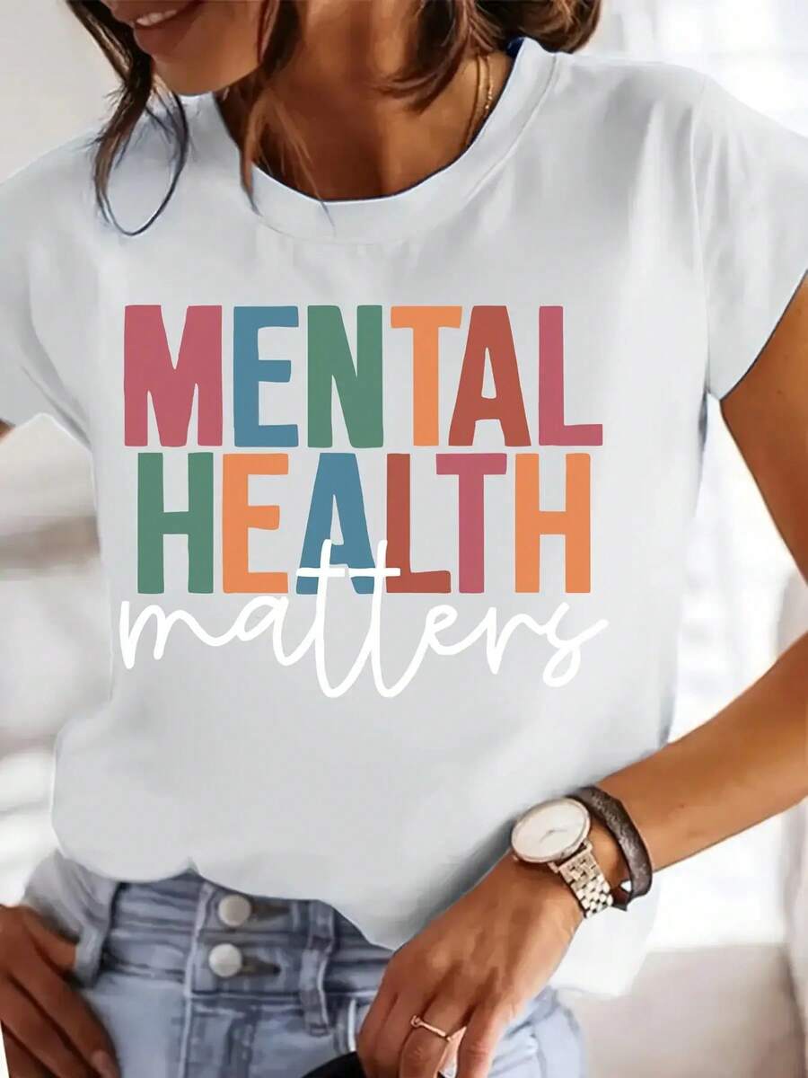 Casual Short-Sleeved Top With A Round Neck Featuring A Mental Health Theme, Stylish For All Seasons In Women's Fashion - 白色 - 查看 1