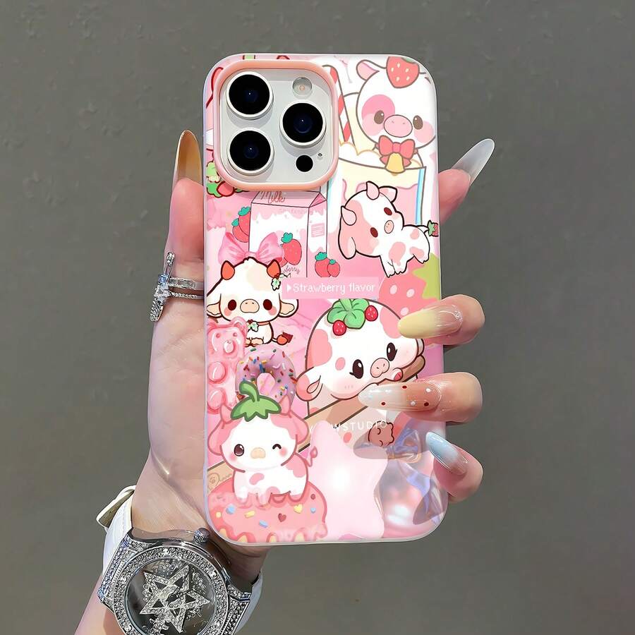 Dulces con temática de vaca y fresa rosa.funda de teléfono Fundas compatibles con ,Apple,VIVO,OPPO,,, y Honor.Fabricadas en silicona TPU,ofrecen protección contra golpes y caídas. - Rosa - Ver 1