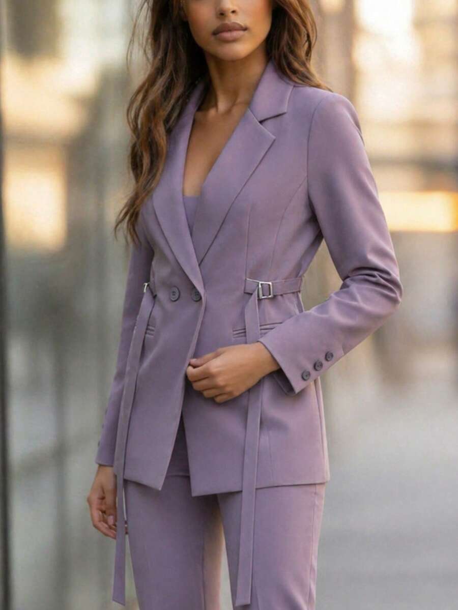 棕色系带双排扣女士西装外套,中长款修身通勤大衣,挺括垂坠面料,优雅休闲外套,适合25-45岁女性 - 淺紫色 - 查看 1