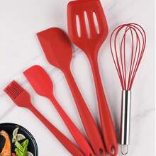 Juego de 5 piezas de utensilios de cocina de silicona que incluye cuchara, espátula, batidor, espátula pequeña y cepillo - Rojo - View 8