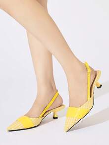 Women's Pointed Toe Slingback High Heel Shoes, Plaid Pattern Fabric, Comfortable Casual Wear For Commuting, Party, Holiday, Date Night, Formal Occasions, Suitable For Spring/Summer 2026 Paired With Dresses, Yellow Color - Yellow - View 3