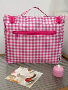 Large Capacity Sweet & Cool Pink & White Plaid Embroidered Handheld Cosmetic Bag, Travel Toiletry Storage Organizer - Multicolor - View 5