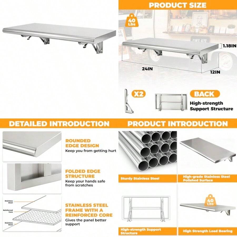 Sidasu - Estante plegable para concesión de 24 x 12 pulgadas estante de acero inoxidable para servir para concesión ventana camión cocina mostrador - Plateado - Ver 1