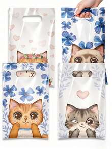 25/50pcs Cat Pattern Canvas Tote Bags, 4 Cute Kitten Designs, Cartoon Cat Gift Bags, Suitable For Spring/Summer Parties, Weddings, Bridal Showers, Birthdays, Baby Showers, Great For Cat Lovers - View 1