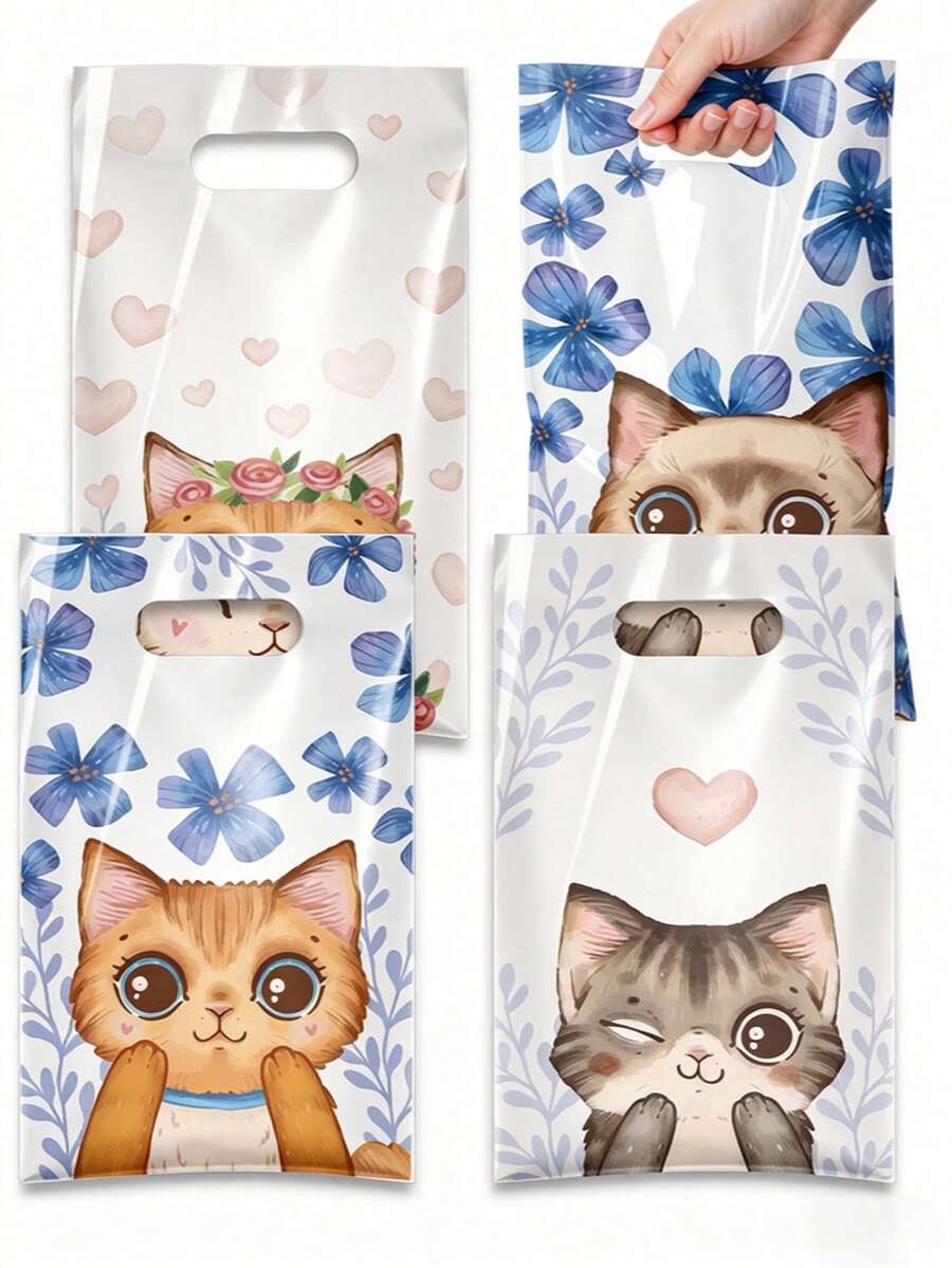 25/50pcs Cat Pattern Canvas Tote Bags, 4 Cute Kitten Designs, Cartoon Cat Gift Bags, Suitable For Spring/Summer Parties, Weddings, Bridal Showers, Birthdays, Baby Showers, Great For Cat Lovers - View 1