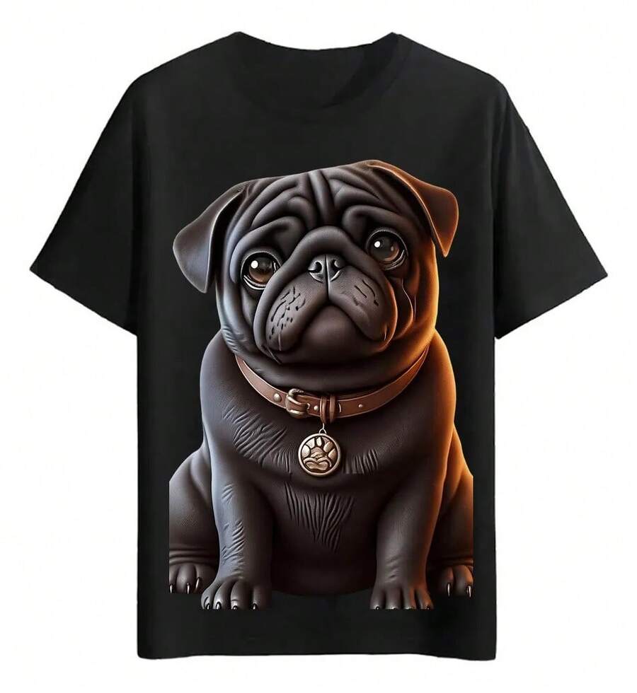 Pug Dog T-Shirts With Leather Collar - 黑色 - 查看 1