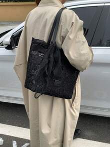 蕾丝仙女托特包 女士新款休闲通勤大容量手提包 单肩包 - 黑色 - 查看 4