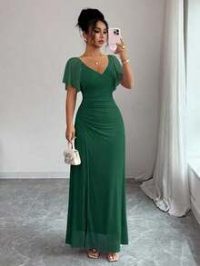Vestido morado claro con cuello en V, mangas con volantes, cintura plisada y abertura, vestido elegante de dama de honor, vestido de fiesta, primavera/verano - Verde Oscuro - Ver 7
