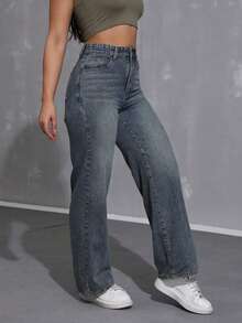 Pantalones vaqueros anchos sueltos y versátiles de mujer con diseño de bolsillos - Azul lavado oscuro - Ver 4