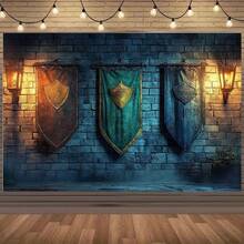 1 pieza Fondo de pared de castillo medieval con escudo y diseño de ladrillo de piedra - Gran decoración de fiesta con temática de caballeros, de tela de poliéster duradera apta para uso en exteriores, evento de feria medieval, telón de fondo fotográfico (fácil de instalar) - Multicolor - Ver 7