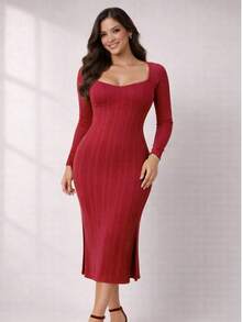 Midi Dress With Half Cup In Ribbed Prime Fabric | Fitted Design With Support, Elegant And Versatile For Day To Night - Rojo - Ver 3