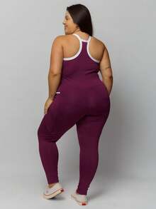 Plus Size Fitness Jumpsuit With Pocket 11312 - 酒紅色 - 查看 3