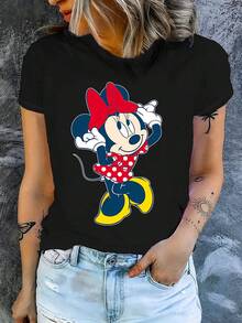 Disney 1件女士短袖T恤，迪士尼米妮图案印花，圆领，弹力面料，易于打理，适合日常穿着，时尚女士短袖T恤，休闲服饰 - 黑色 - 查看 3