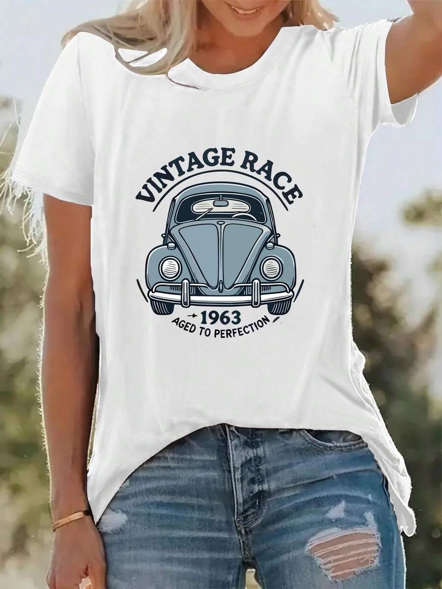 Nueva Colección: Camiseta Vintage con Estampado de Patrones de Carreras para Mujer, Ropa Casual y de Vacaciones, Manga Corta con Cuello Redondo, Ideal para Primavera y Verano, Lavable a Máquina, Versátil para Salidas y