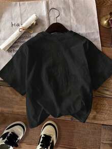 1 Pieza de Moda Casual para Hombres y Mujeres. Camiseta de manga corta para mujer , cuello redondo, estampado de bandas, holgada y casual, mezcla de algodón, adecuada para el verano. Versátil, fácil de combinar, para uso diario, estilo urbano, ropa de vacaciones, ropa de fin de semana. - Negro - Ver 2