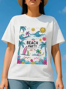 Women's 1pc Short-Sleeved Round Neck T-Shirt, Suitable For Spring, Autumn And Summer, Fashionable And Distinctive Print, Beach Style, Casual Travel, Can Be Worn At Home, Daily, Suitable For Holiday Wear, Holiday Gifts - 白色 - 查看 1