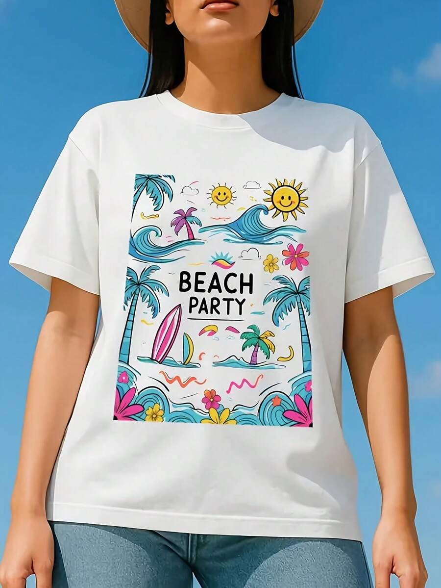 Women's 1pc Short-Sleeved Round Neck T-Shirt, Suitable For Spring, Autumn And Summer, Fashionable And Distinctive Print, Beach Style, Casual Travel, Can Be Worn At Home, Daily, Suitable For Holiday Wear, Holiday Gifts - 白色 - 查看 1