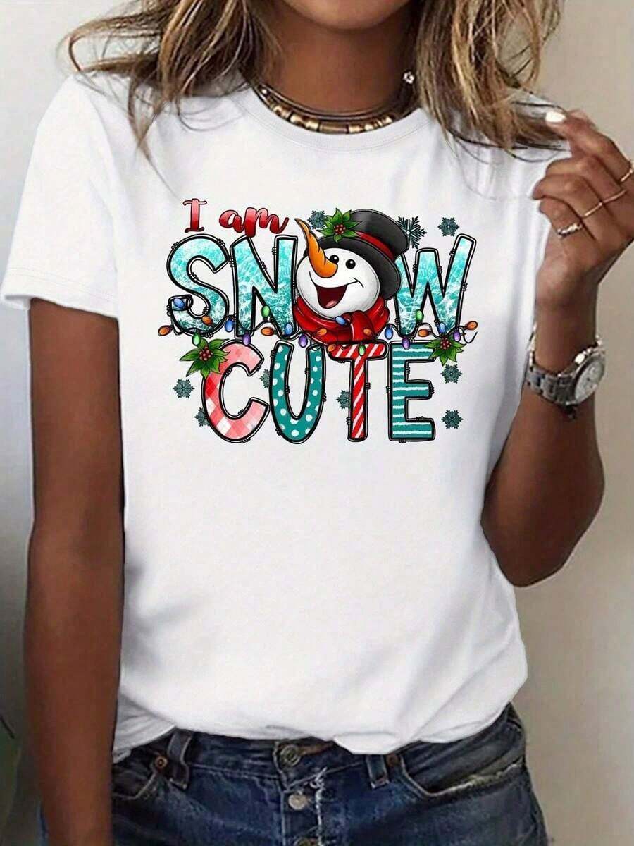 "I'm Snow" Christmas T-Shirt With Snowman Print And Festive Decoration For Women - Perfect For Winter Parties And Celebrations -- Unisex Urban Vintage Style Cotton T-Shirt, Short Sleeve And Round Neck. - 白色 - 查看 1