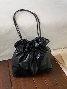 Chic Ruched Bucket Bag, Faux Leather Drawstring Shoulder Purse, Elegant Minimalist Hobo Bag For Work & Dating - Black - View 9