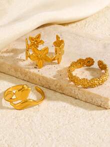 3件套18K镀金不锈钢可调节戒指，优雅几何百合、雏菊、鸡蛋花设计，适合女性日常、海滩、约会、派对佩戴，夏季旅行珠宝礼品 - 彩色 - 查看 8