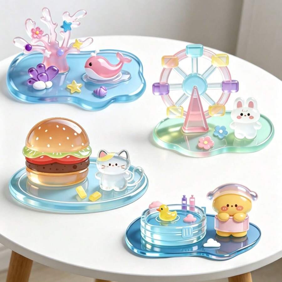 4 PCS Corner Cute Creatures 3D Stereoscopic Crystal Engraving Stickers, Handcrafted Decorative Cards, DIY Desktop Decorations, 3D Stereoscopic Engraving Stickers For Collage Play, Fun Handmade Stickers, Engraved Crystal Decorative 3D Stickers - Multicolor - View 1