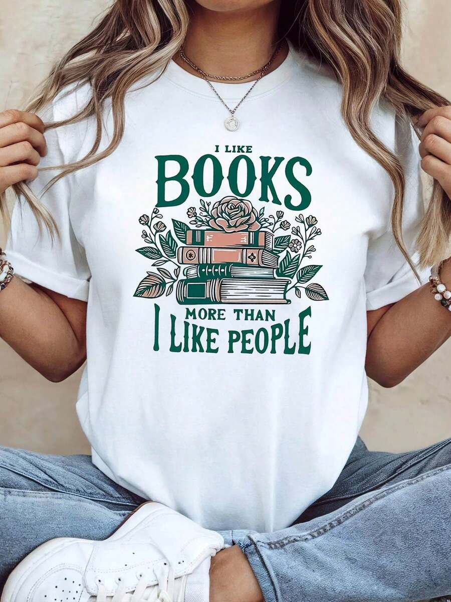Mujeres "Me gustan los libros más de lo que me gusta la gente" libro-tema camiseta - gusano de libros e impresión floral manga corta, trajes de biblioteca casual, camiseta del club del libro adecuado para los amantes del libro, primavera / verano de uso diario