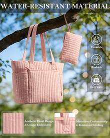 Puffer Tote Bag For Women, Quilted Cotton Laptop Work Tote Shoulder Bag For College School, Teacher, Nurse, Travel | Top Full-Zip Closure, Lightweight, Puffy, With Cosmetic Bag, 40 OZ Tumbler Holder, 14" Computer Bag, Ideal Gift For Women, Pink - Hồng - Xem 2
