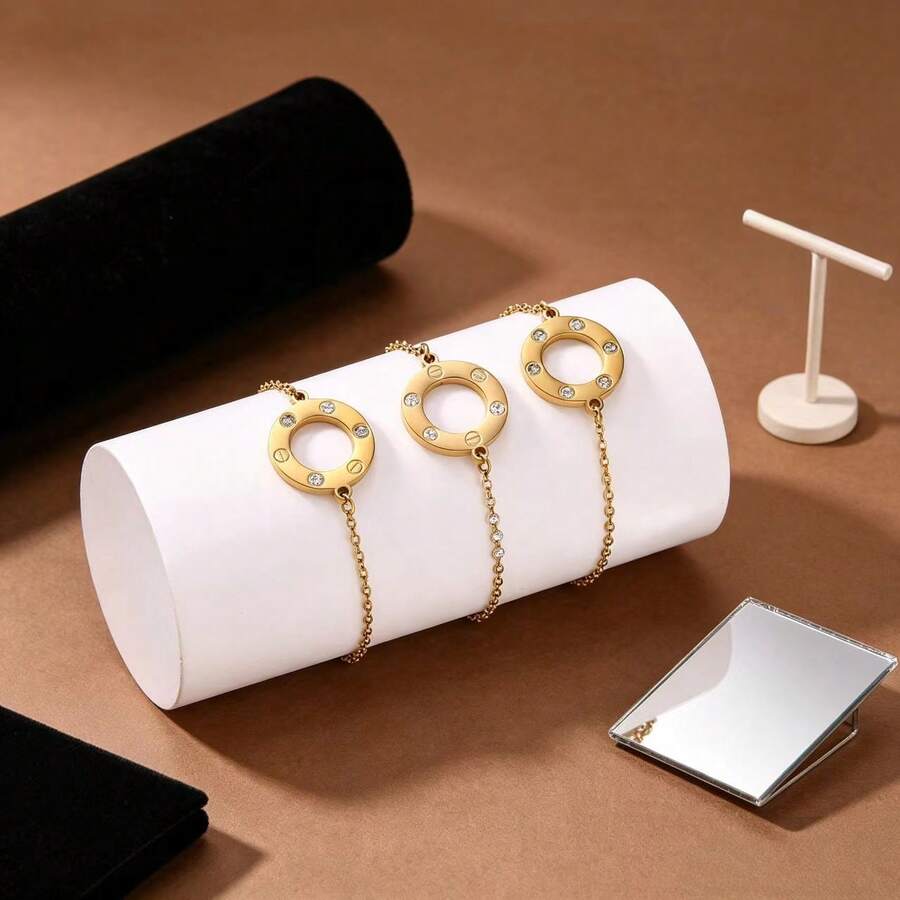 1 chiếc vòng tay nữ thời trang mạ vàng 18K bằng thép không gỉ kiểu La Mã, hình tròn, đính đá Zirconia hình học tối giản, phụ kiện đa năng.