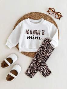 Baby Girl Letter Print Warm Round Neck Long Sleeve Top And Leggings Set - White - View 2