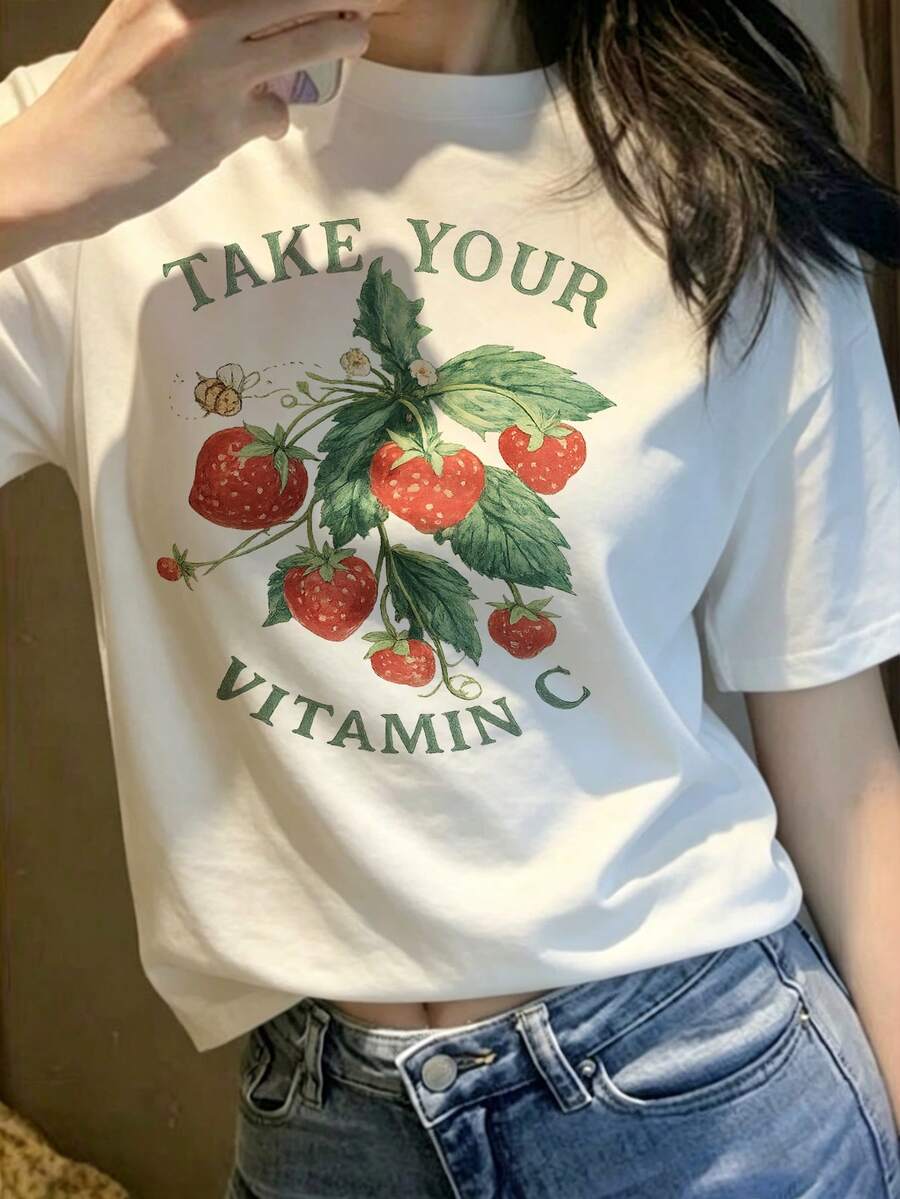 Áo thun nữ mùa hè in hình dâu tây và vitamin C dáng rộng, cổ tròn, tay ngắn, kiểu dáng thường ngày, màu trắng. - trắng - Xem 1