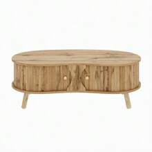 Pea-Shaped Coffee Table With Grooved Design, 2 Sliding Doors, Living Room Table, Wood Look, Solid Wood Legs, MDF Material. - Natural Color - View 9