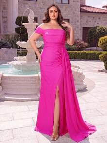 Faeriesty Off-The-Shoulder Draped Side Slit Formal Dress, Elegant For Gala, Wedding Guest, Graduation Ceremony, Evening Party - Hot Pink - View 3