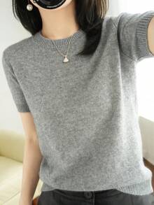 Camiseta de punto de manga corta para mujer, cuello redondo, mezcla de algodón de lana, Jersey, chaleco, Tops de fondo de verano, suéter sólido suave, nuevo - Gris - Ver 4