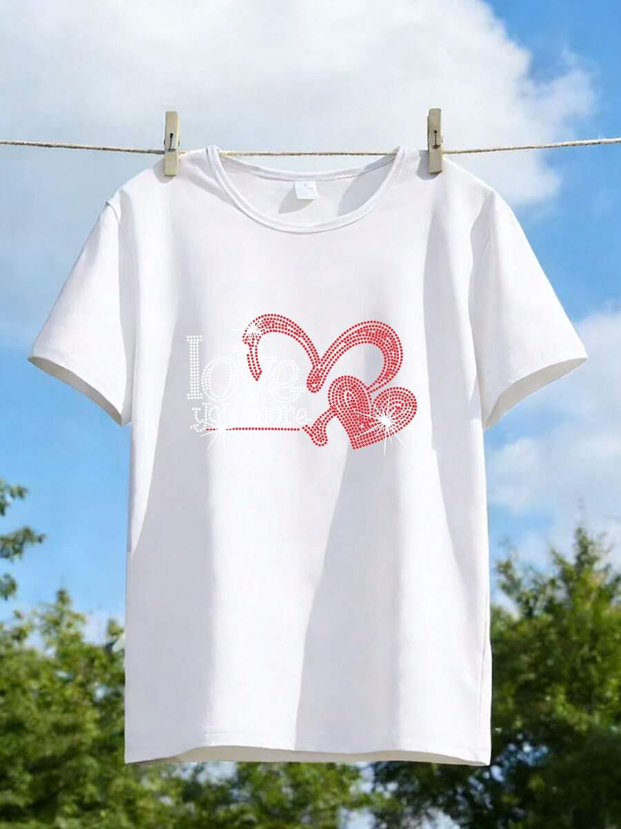 Women's Printed Crew Neck T-Shirt, USA-Mexico Clothing Series, Rhinestone Heart T-Shirt For Women, Letter Print Crew Neck Top, Soft And Versatile Everyday Style, Short Sleeves. Soccer Fan Clothing, Cheerleading Apparel. New Short Sleeves - 白色 - 查看 1