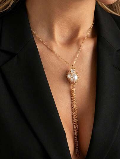 1pc Bohemian Baroque Faux Pearl Pendant Necklace, Geometric Fine Chain Tassel Necklace, Luxurious Fashion Casual, Party, Date, Vacation, Women's Holiday Versatile Jewelry Gift